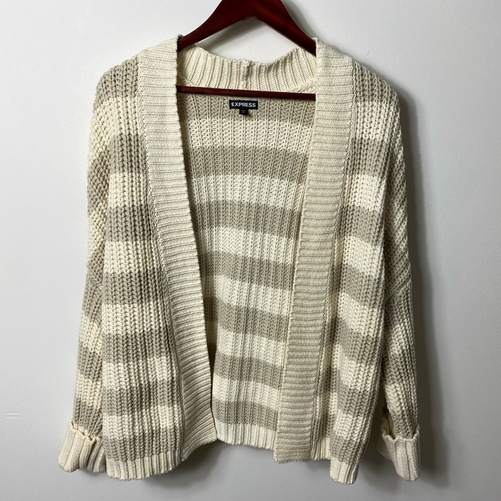 Express Cream and Taupe Striped Open Cardigan Sweater